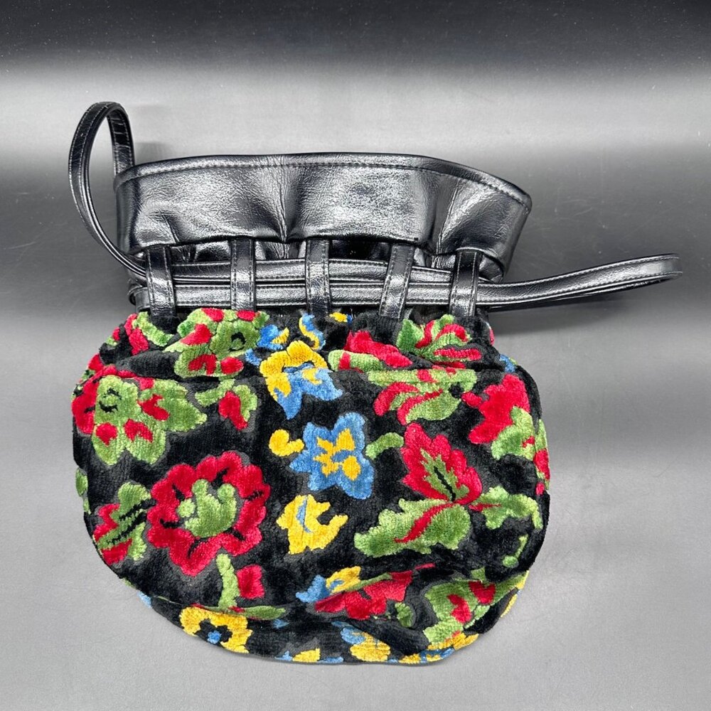 Vintage Purse Velveteen Floral Tapestry Bucket Bag Drawstring 1940s Black Red - Picture 3 of 11
